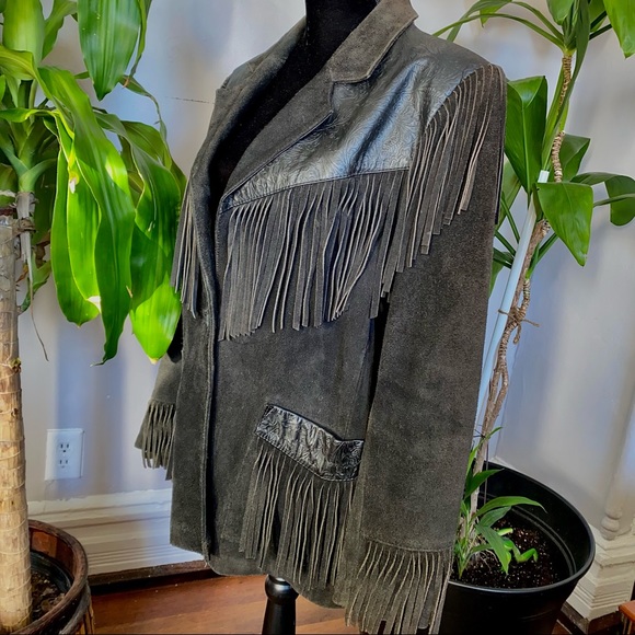 Wilson’s Black Suede Tooled Leather Fringe Jacket - Picture 3 of 8